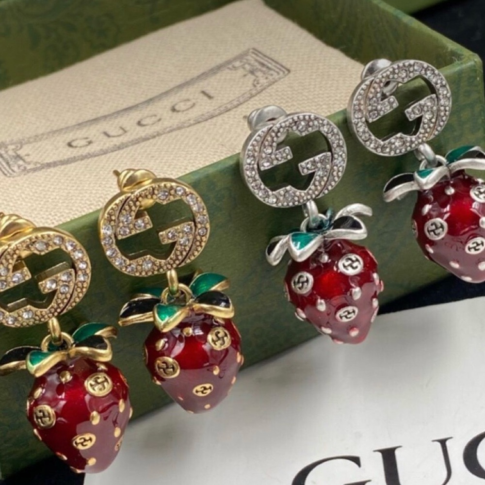Gucci Red Strawberry Drop Earrings with Crystal GG Tops - Gold & Silver Options